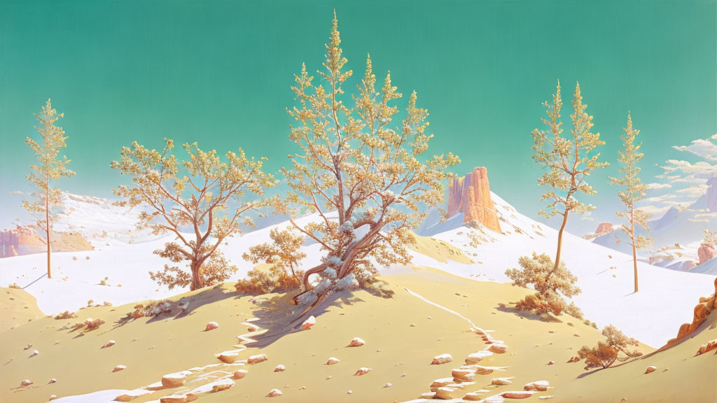 Snow-covered landscape with yellow-leaved trees and distant butte