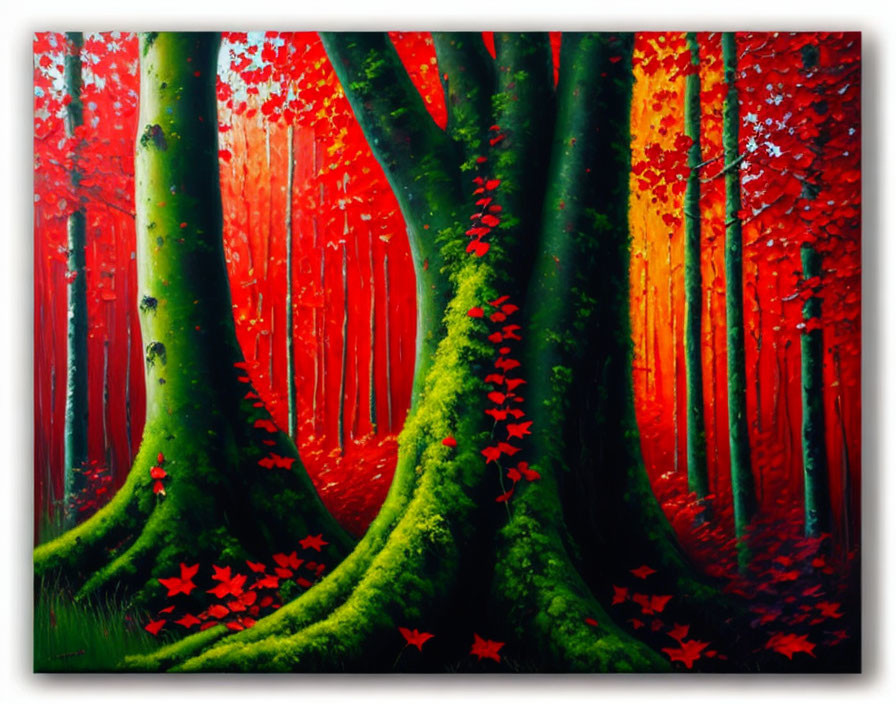 Red Autumn Forest: Vibrant Painting of Sunlight Through Moss-Covered Trees