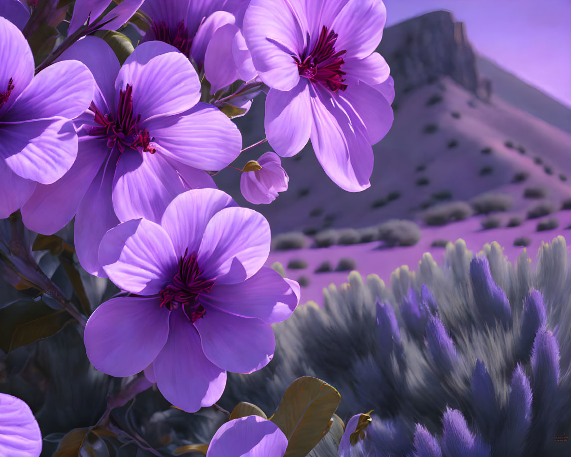 Purple flowers in focus with blurred mountain backdrop under purple sky