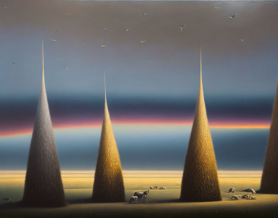 Surreal landscape with cone-shaped structures and flying birds