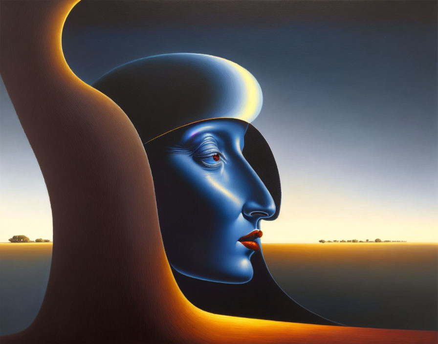 Surrealistic painting: woman's face merges with tree trunk in twilight landscape