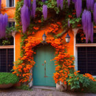 Orange and Purple Wisteria Vines Cascading Over Quaint Green Door and Windows