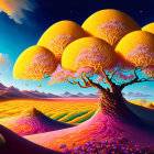 Vibrant surreal landscape with oversized yellow tree in orange desert.