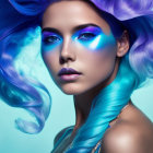 Vibrant woman with water-themed hair on turquoise backdrop