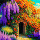 Colorful Garden Archway with Purple and Orange Flowers and Ornate Door