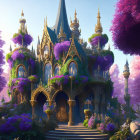 Digital art: Fairy-tale castle, purple trees, gold and blue spires