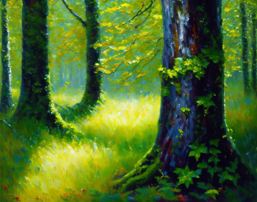 Sunlit Forest Painting with Green Foliage and Tree Shadows