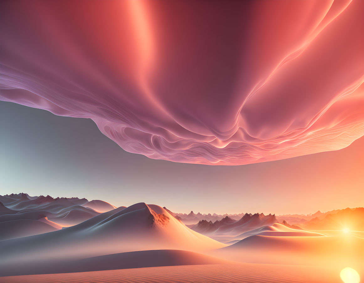 Surreal landscape: Pink waves above desert dunes at sunset