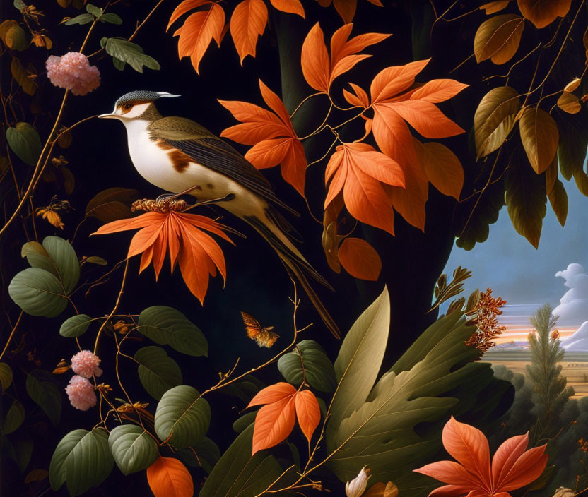 White underbelly bird perched among orange leaves and pink flowers