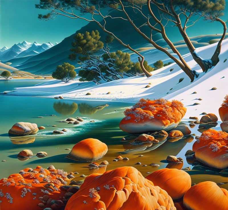 Scenic landscape with river, snowy banks, mushrooms, trees, and mountains