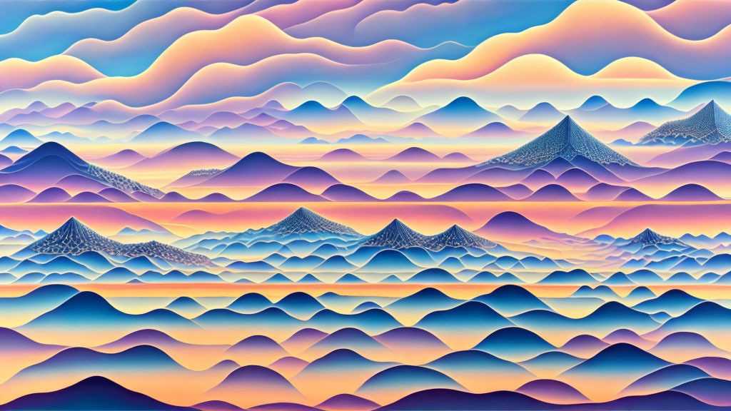 Vibrant mountain range art with dreamlike waves in blue, orange, and purple