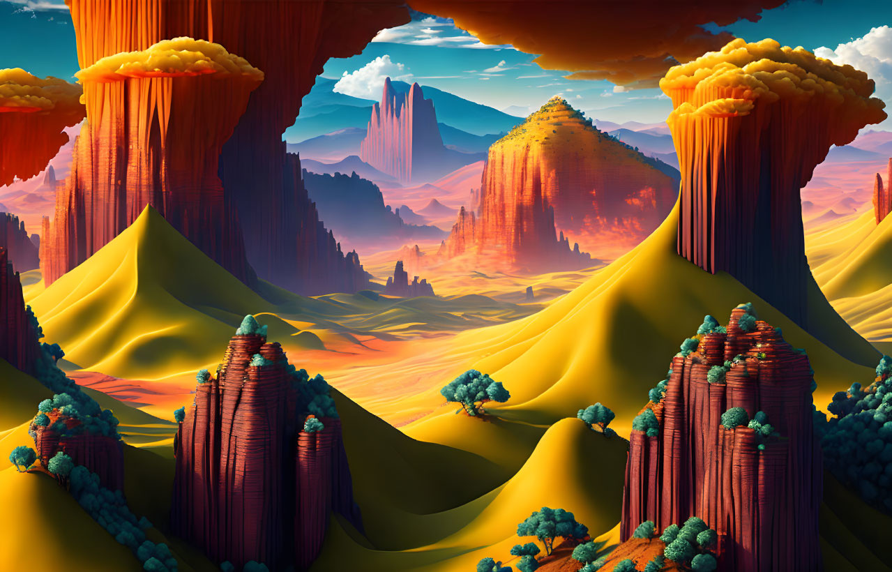 Vivid Surrealistic Landscape with Towering Rock Formations