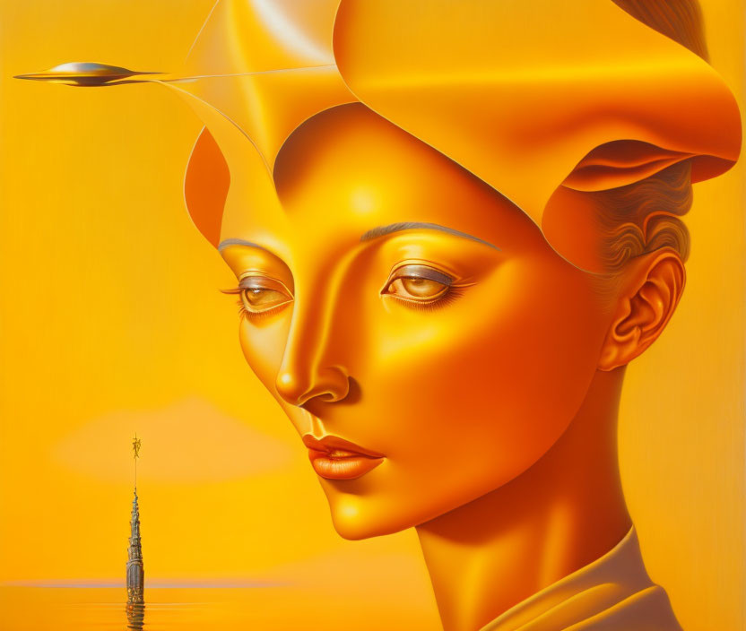 Golden surreal portrait: stylized woman with metallic headwear on orange background, tiny tower on horizon