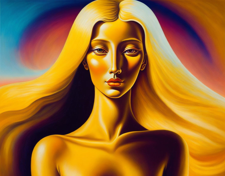 Vibrant surreal painting of woman with long blonde hair