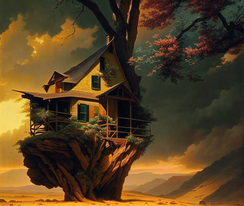 Wooden house on rock formation in dramatic sunset scene