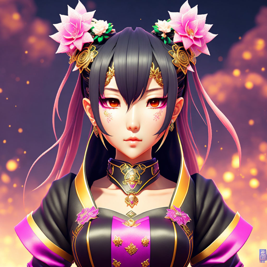 Digital Artwork: Female Character with Long Black Hair and Crimson Eyes in Traditional Black and Gold Outfit