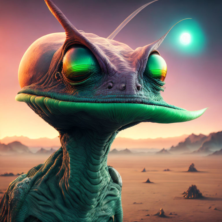 Digitally rendered alien with green eyes in desert landscape