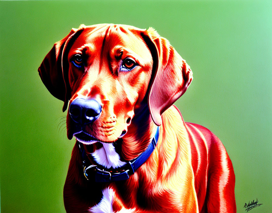 Brown Dog with Glossy Coat and Blue Collar on Green Background