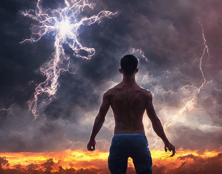 Shirtless man gazes at stormy sky with lightning and orange glow
