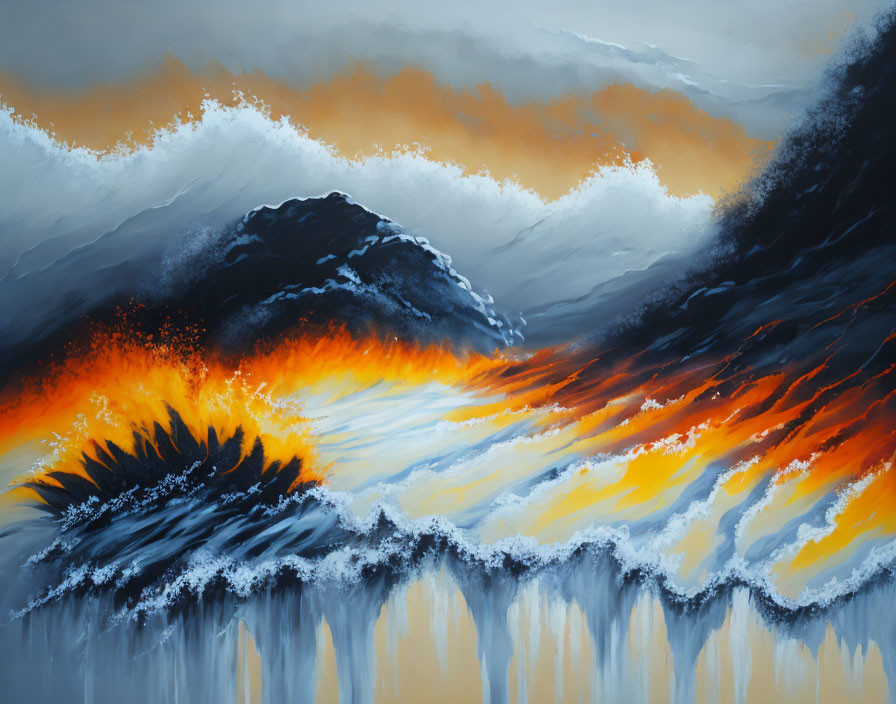 Vibrant painting of fiery orange and deep blue waves in a tumultuous sky