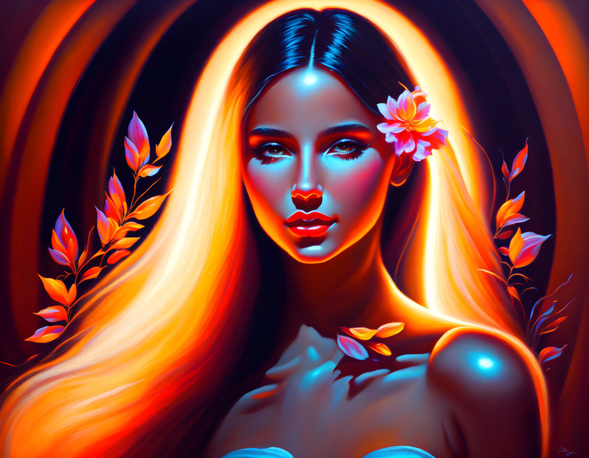 Digital artwork: Woman with glowing skin, pink flowers, and autumn leaves.