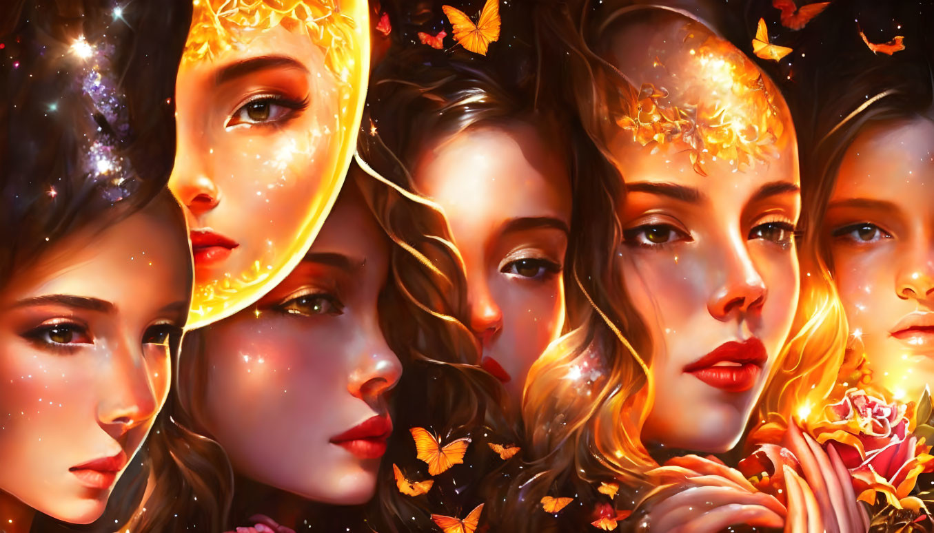 Digital painting of five female faces with luminous skin, butterflies, and floral elements