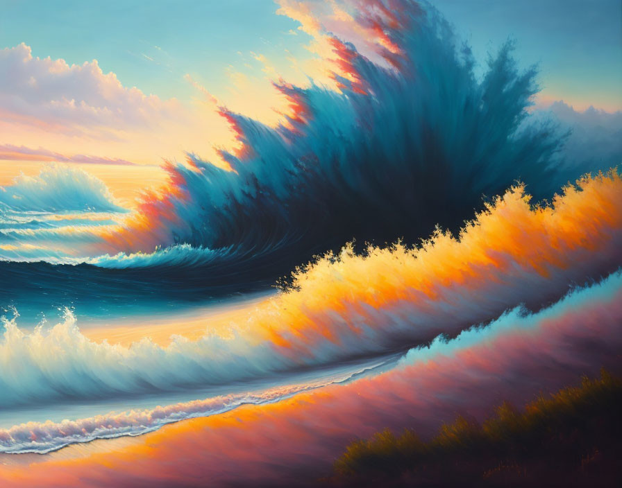 Dynamic Wave Cresting Painting with Fiery Orange and Deep Blue Against Dramatic Sunset Sky