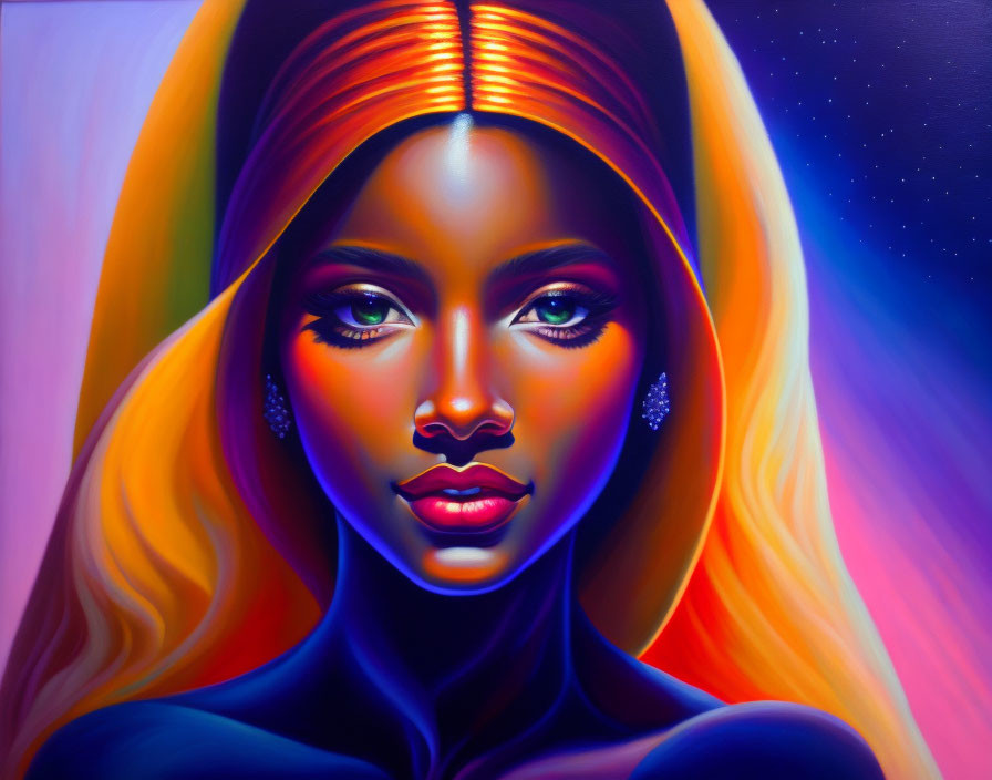 Colorful portrait of a woman with glowing skin against a nebulous backdrop