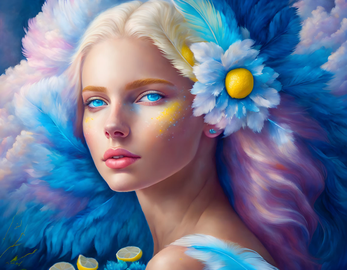 Portrait of woman with blue eyes, platinum blonde hair, pastel feathers & yellow flowers