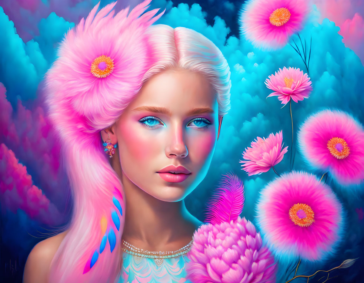 Colorful digital portrait of a woman with blue eyes and neon pink flowers