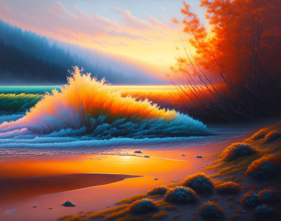 Colorful landscape painting: beach wave, sunset, fiery trees, gradient sky