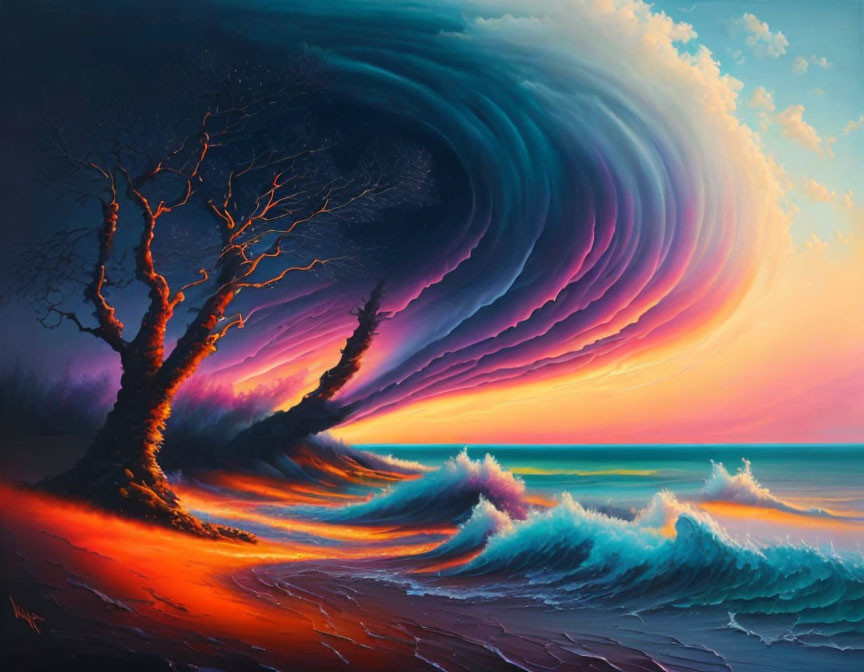 Surreal painting: Tree branches merging with swirling sky over ocean