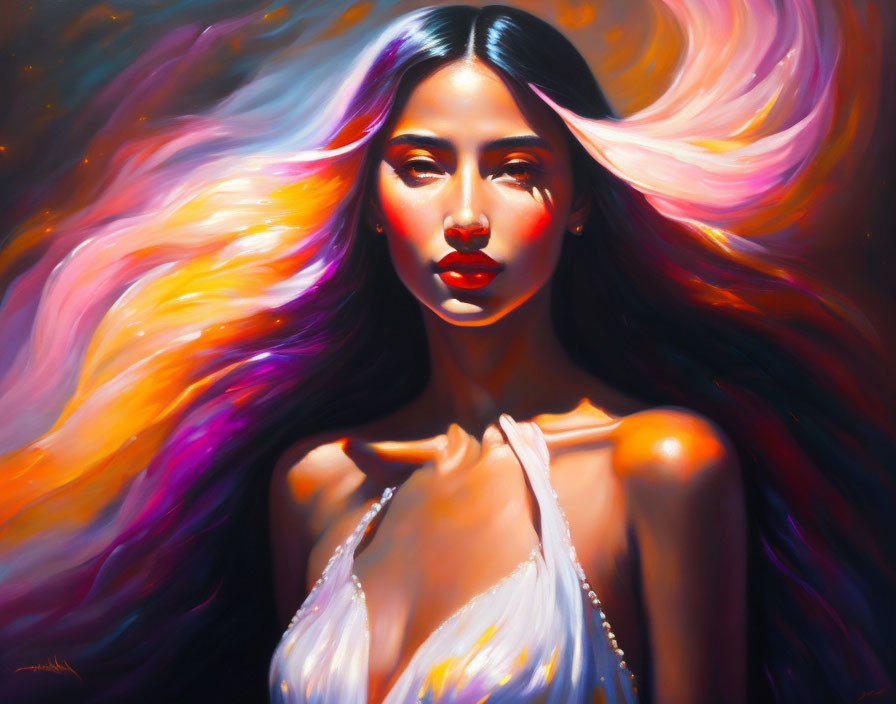 Colorful portrait of woman with flowing hair on cosmic background