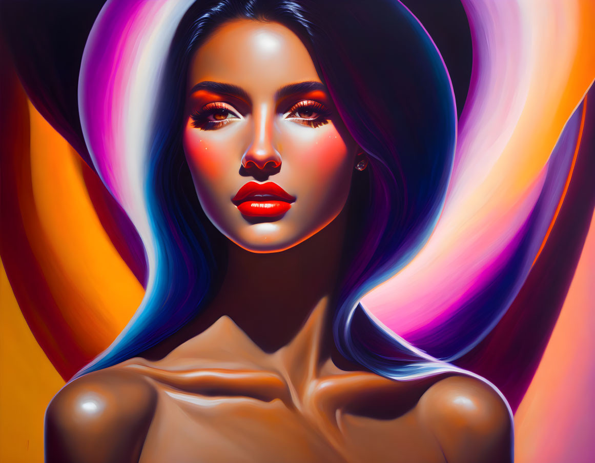 Colorful digital portrait of woman with glowing skin and multicolored hair