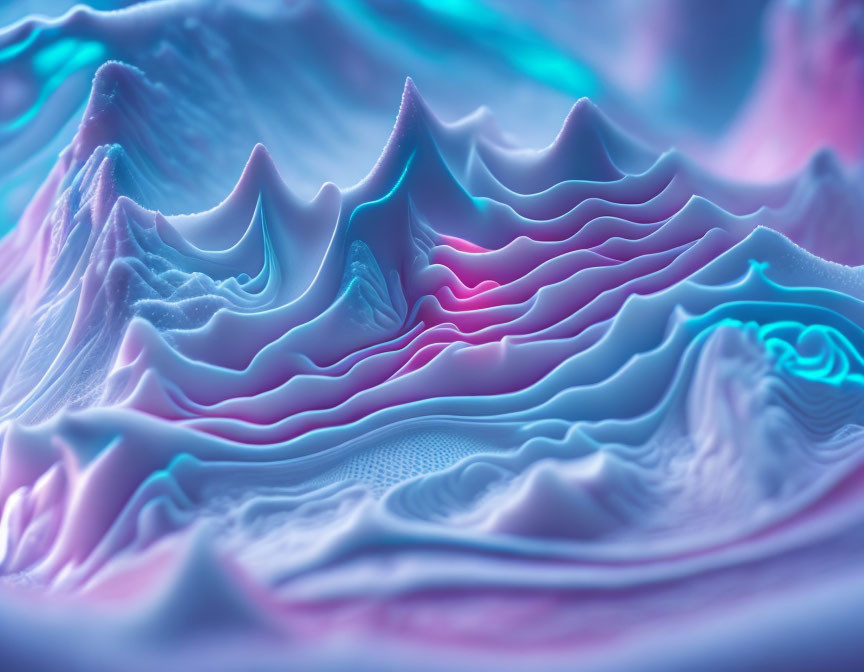 Colorful abstract art with layered wavy lines in blue, pink, and purple gradient.