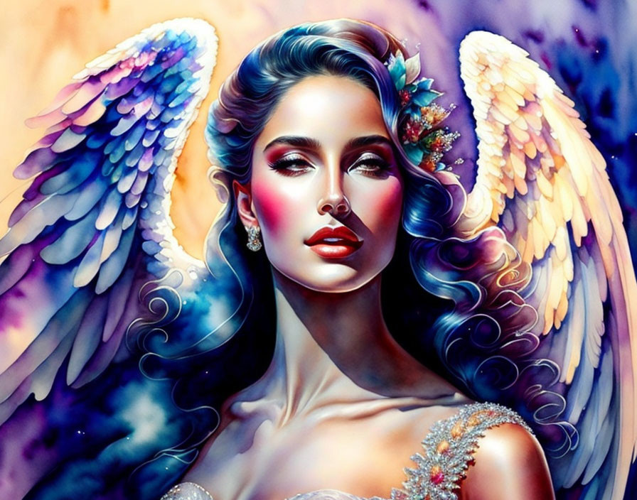 Vibrant woman with angel wings and floral adornments in dreamlike setting