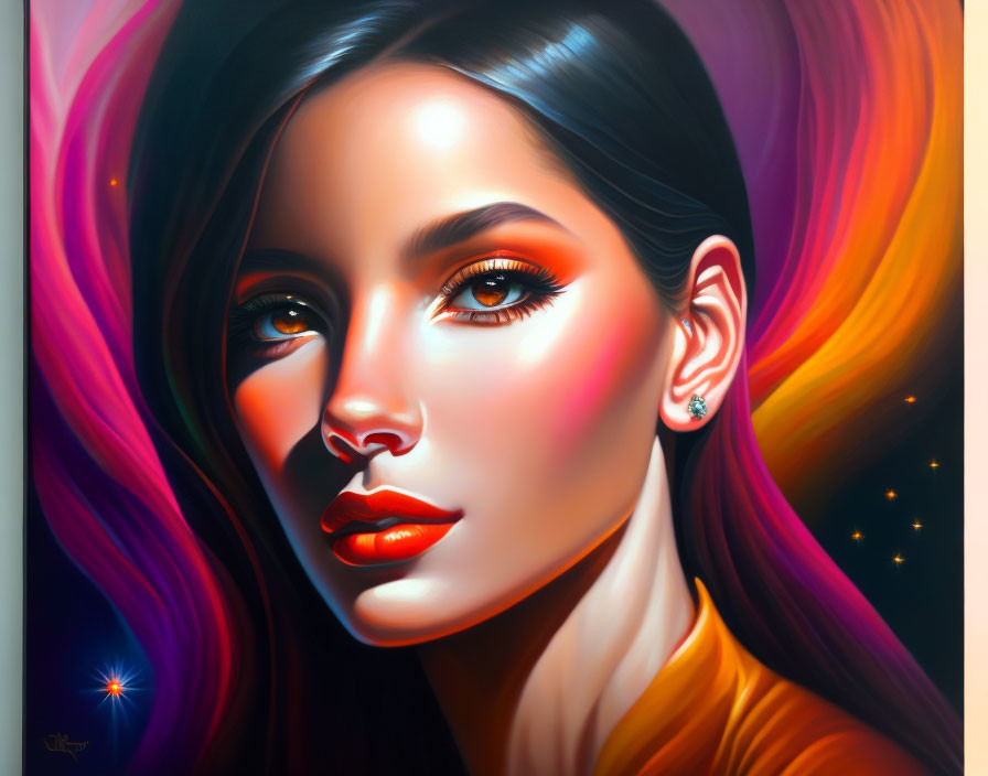 Vibrant digital portrait of a woman with luminous skin and orange lips