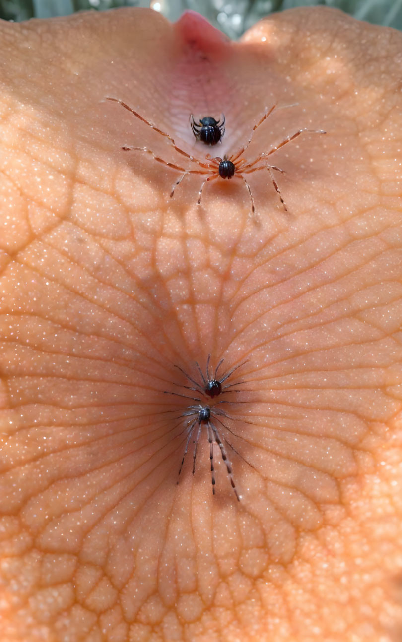 Person's Skin Close-Up with Two Spiders and Web-Like Leg Patterns