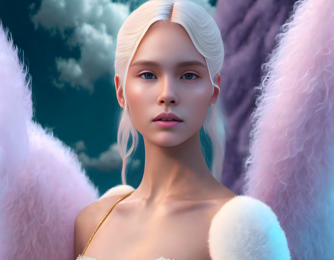 Platinum blonde woman in gold necklace against pink fluffy clouds