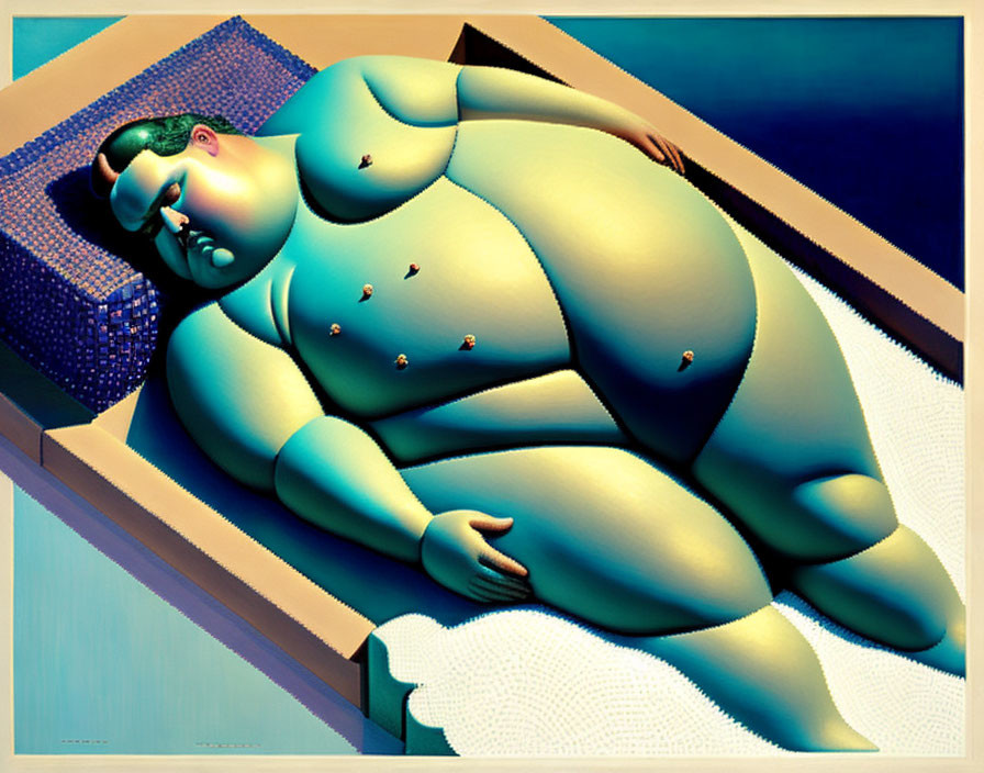 Stylized painting of voluptuous woman in blues and greens