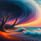 Surreal painting: Tree branches merging with swirling sky over ocean