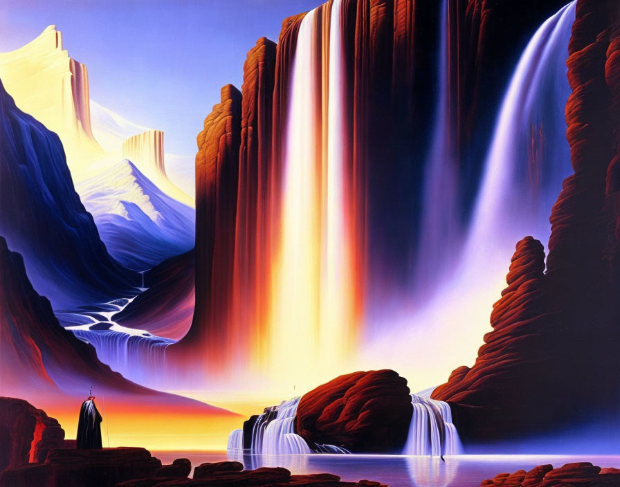 Mystical landscape with waterfalls, river, cliffs under sunset sky