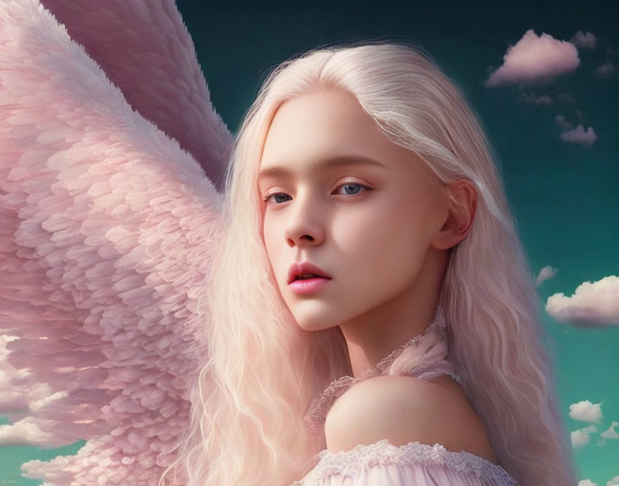 Portrait of young woman with alabaster skin and pale hair, showcasing feathered wings on sky background