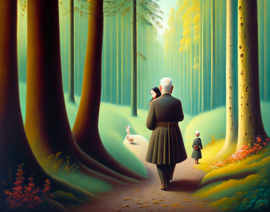 Colorful forest scene with man, child, and white creature in surreal setting