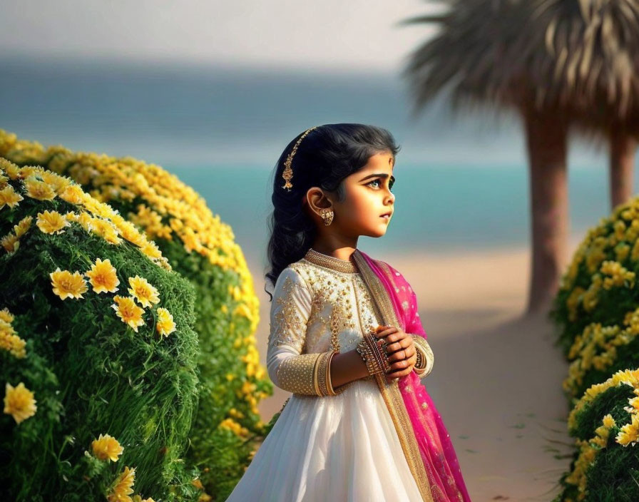 Young girl in traditional attire surrounded by vibrant flowers near ocean and palm tree