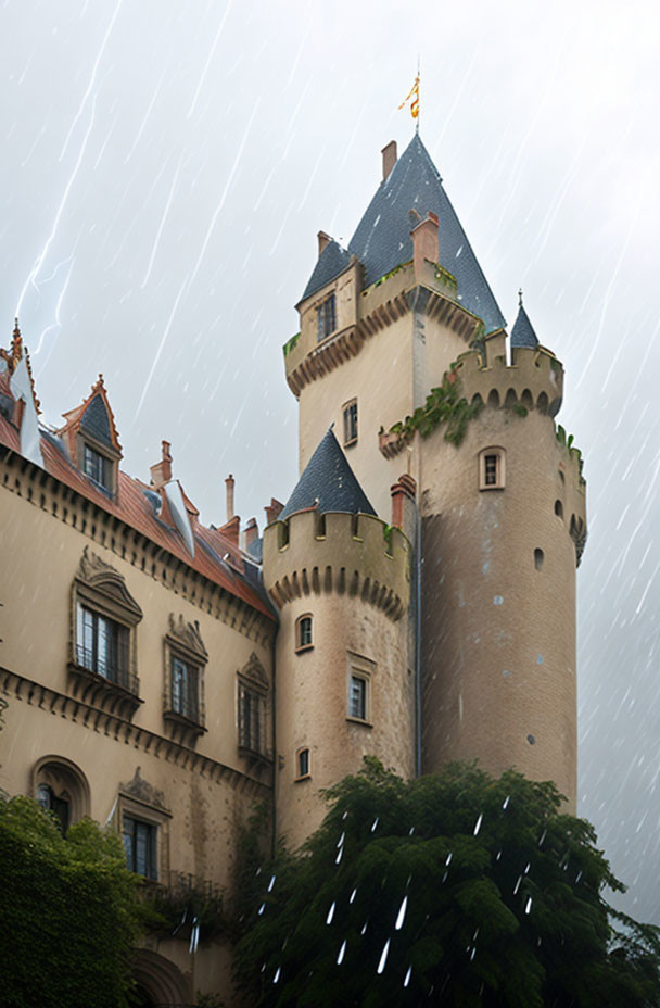 Towering castle with cream walls under stormy sky