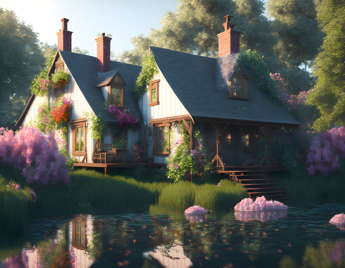 Thatched Roof Cottage Surrounded by Greenery and Pond with Pink Water Lilies