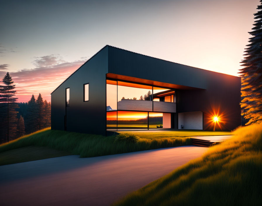 Contemporary Black House with Large Windows at Sunset