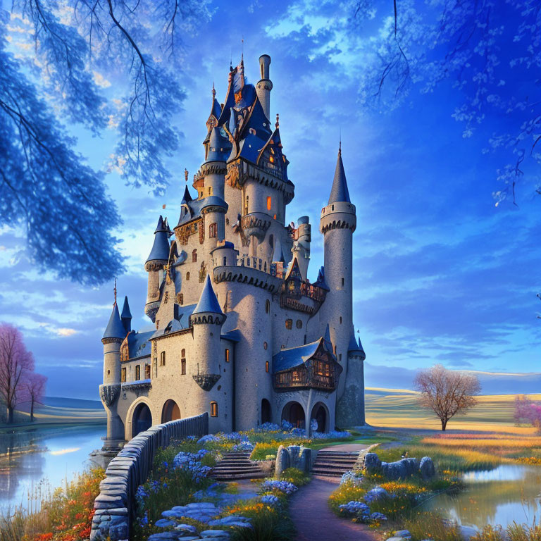 Majestic fairy-tale castle with spires and turrets in serene landscape