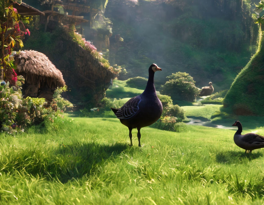 Geese in Green Meadow with Whimsical Hillside Village